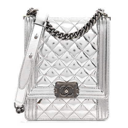 Chanel Metallic Goatskin Quilted North South Boy Flap Silver 1 of 17