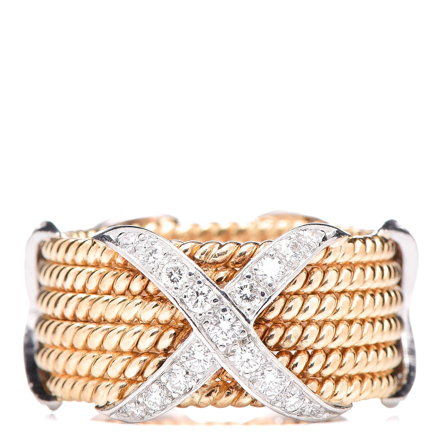 18K Yellow White Gold Diamond Schlumberger Six Rope X Ring 56 7.5