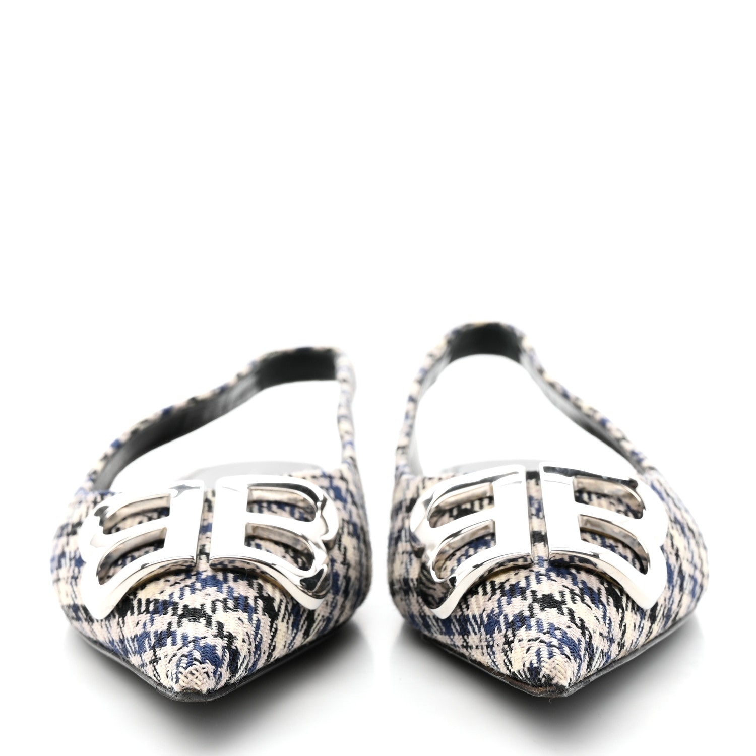 Balenciaga Tweed Prince Of Wales BB Knife Pointy Toe Slingback Flats 37 Beige Navy Silver 2 of 14
