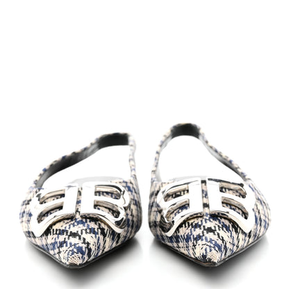 Balenciaga Tweed Prince Of Wales BB Knife Pointy Toe Slingback Flats 37 Beige Navy Silver 2 of 14