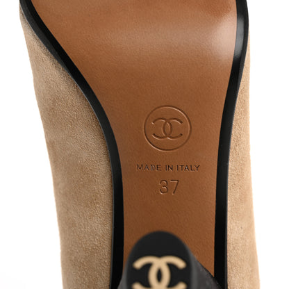 Chanel Suede Grosgrain Cap Toe CC Knee High Boots 37 Beige Black 7 of 11