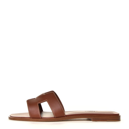 Hermes Box Calfskin Oran Sandals 38.5 Gold 1 of 6