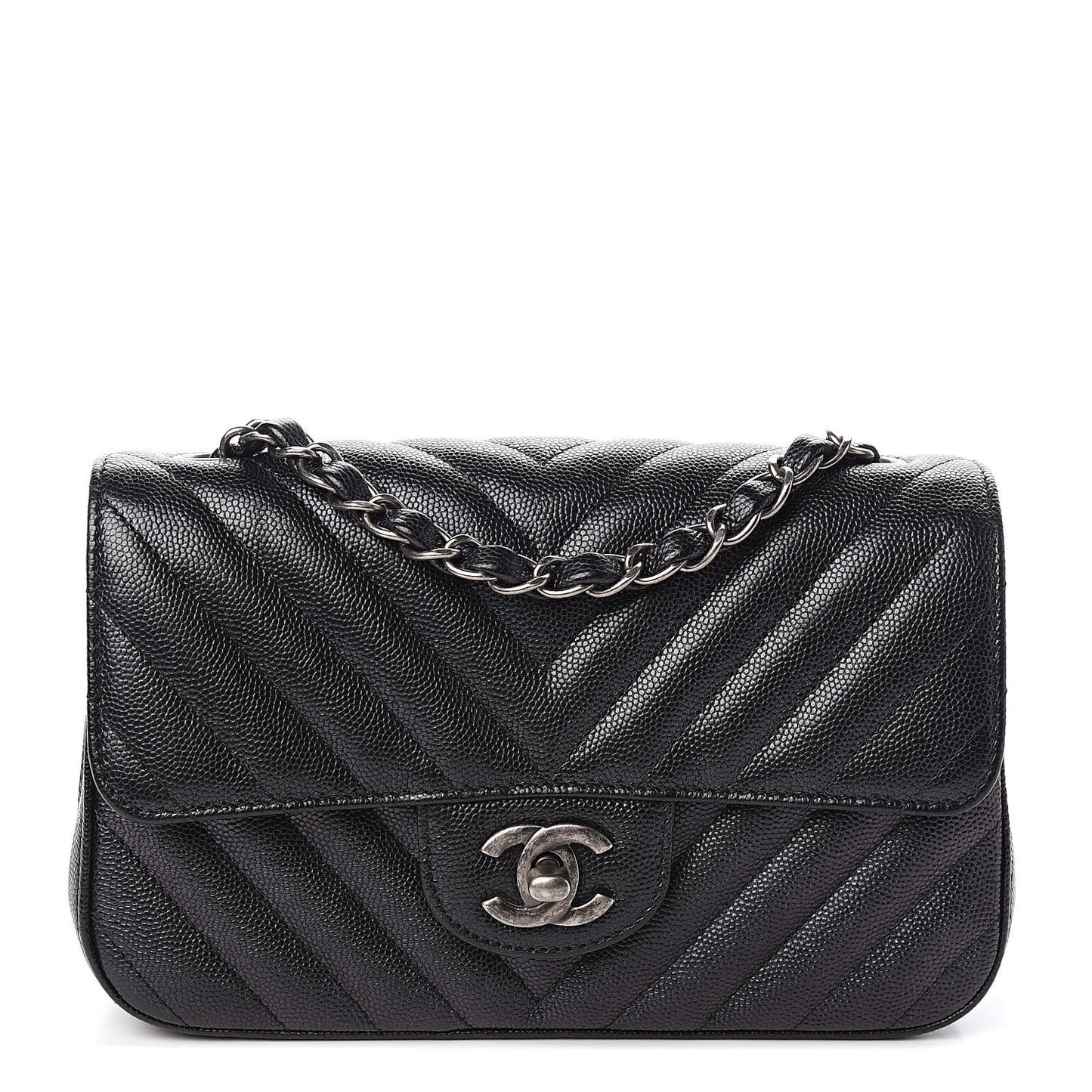 Iridescent Caviar Chevron Quilted Mini Rectangular Flap Black