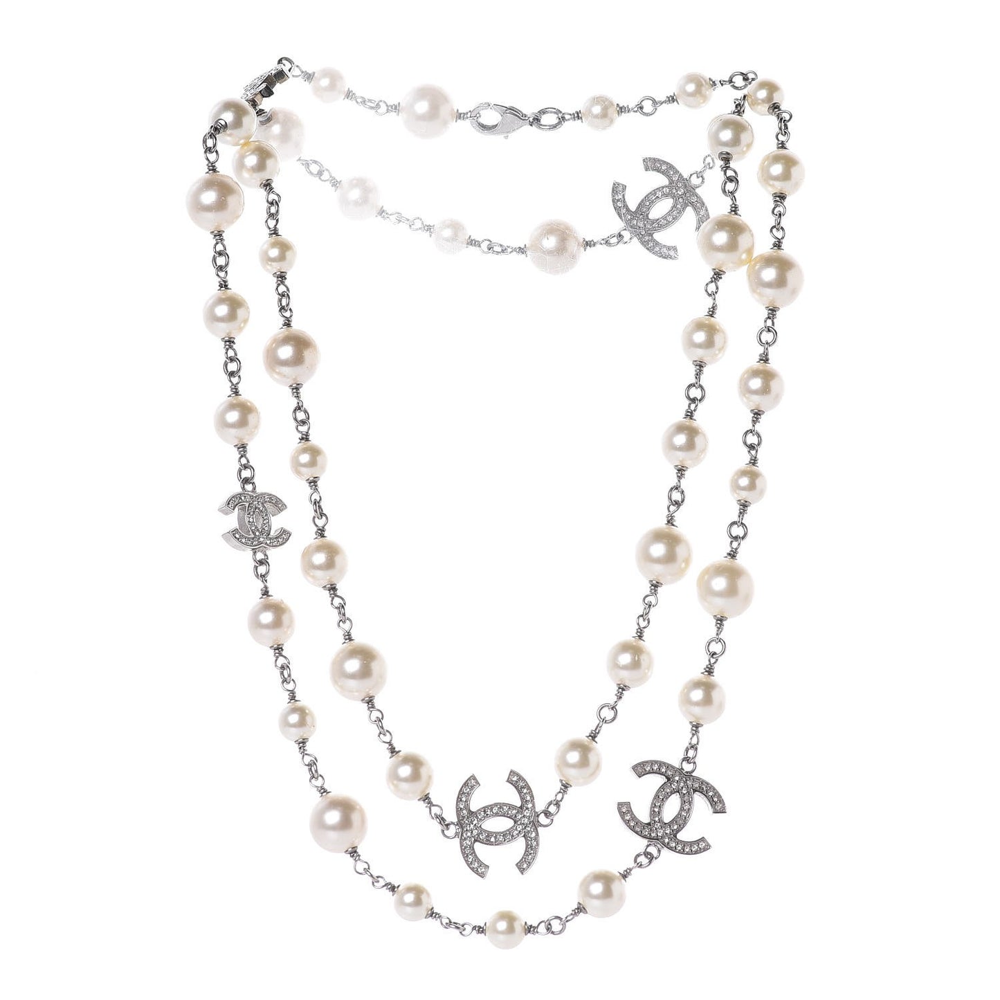 Crystal Pearl CC Long Necklace Silver