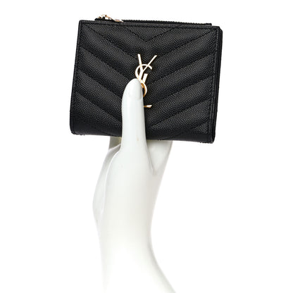 Saint Laurent Grain De Poudre Matelasse Chevron Monogram Zipped Card Case Black 2 of 10