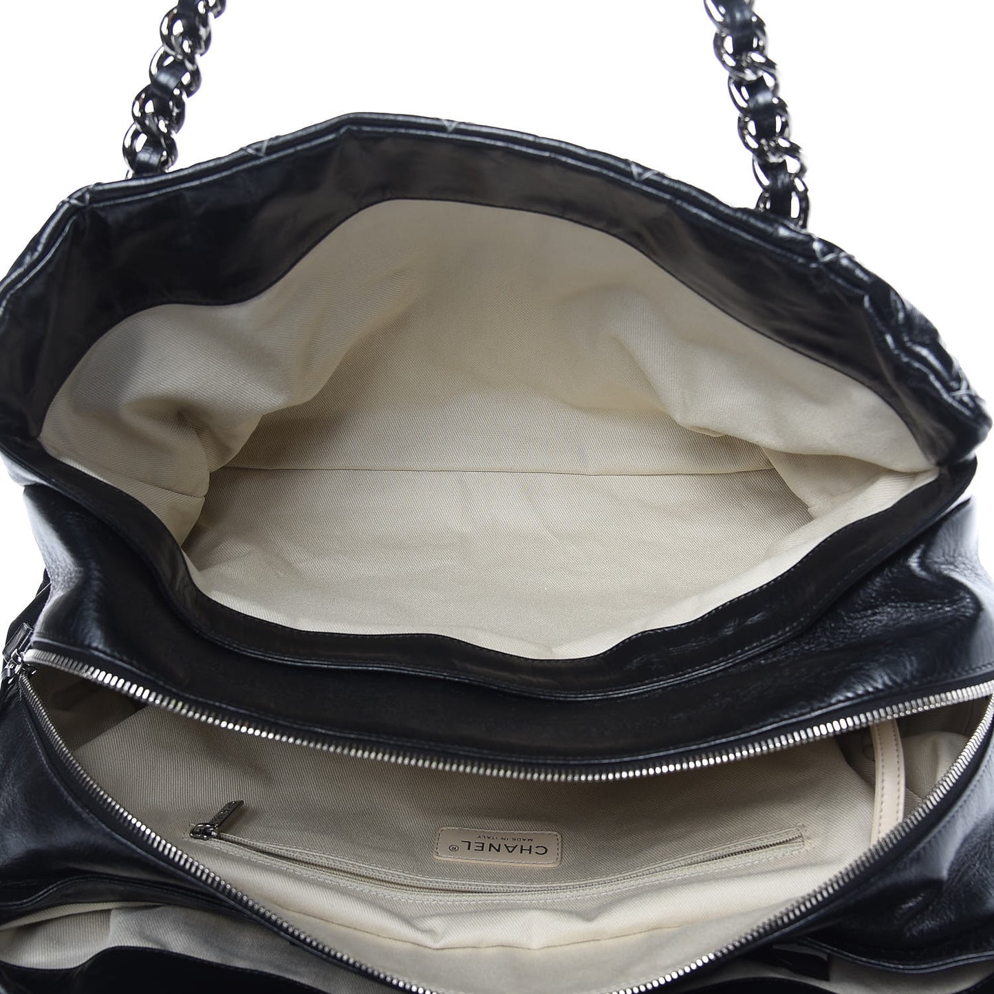 Glazed Goatskin Double Contrast Stitch Large Tote Black