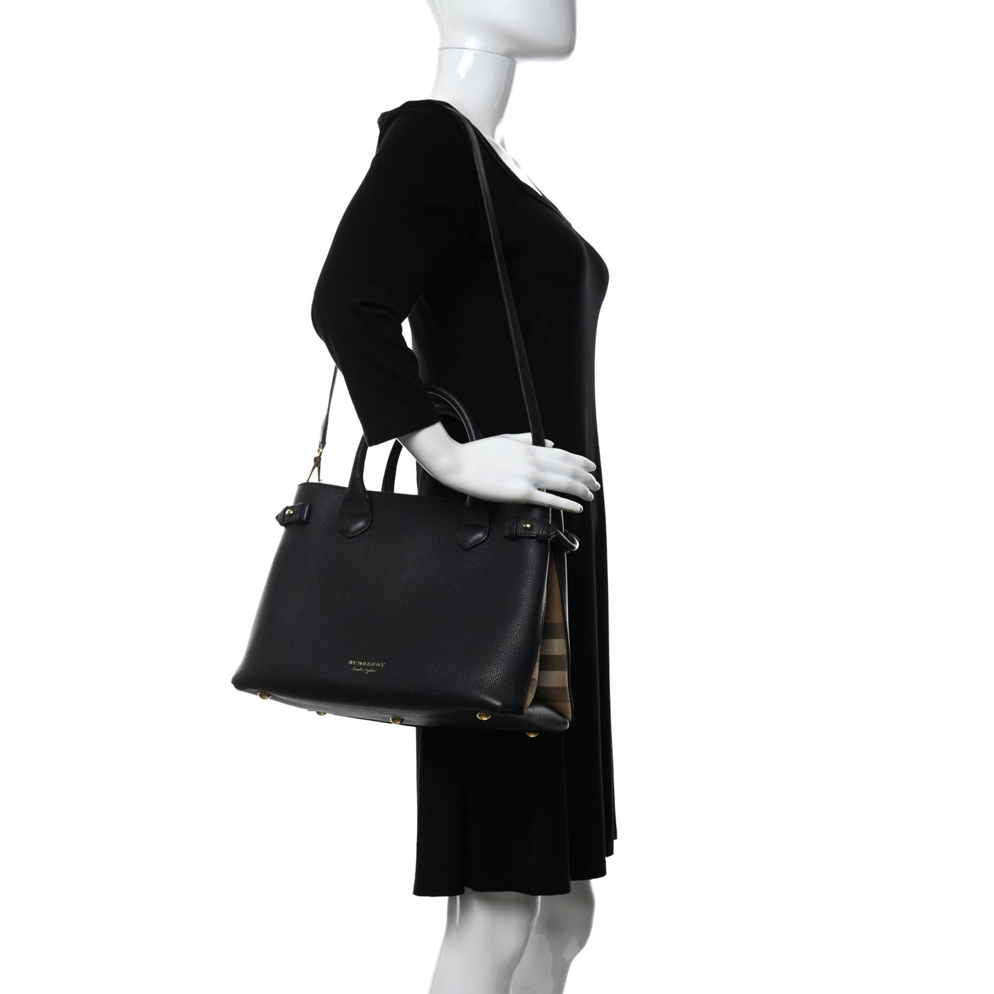 Grainy Calfskin House Check Medium Banner Tote Black