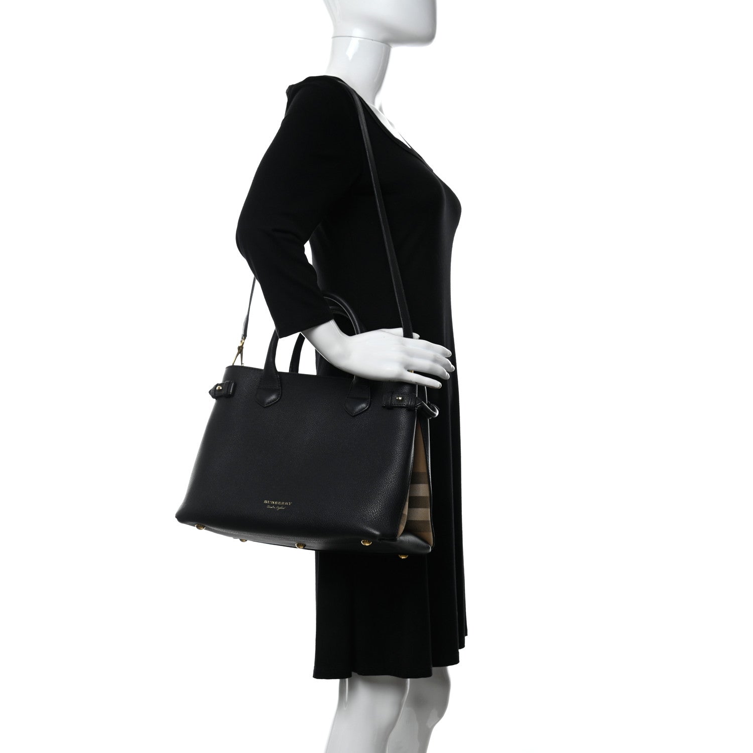 Burberry Grainy Calfskin House Check Medium Banner Tote Black 2 of 14