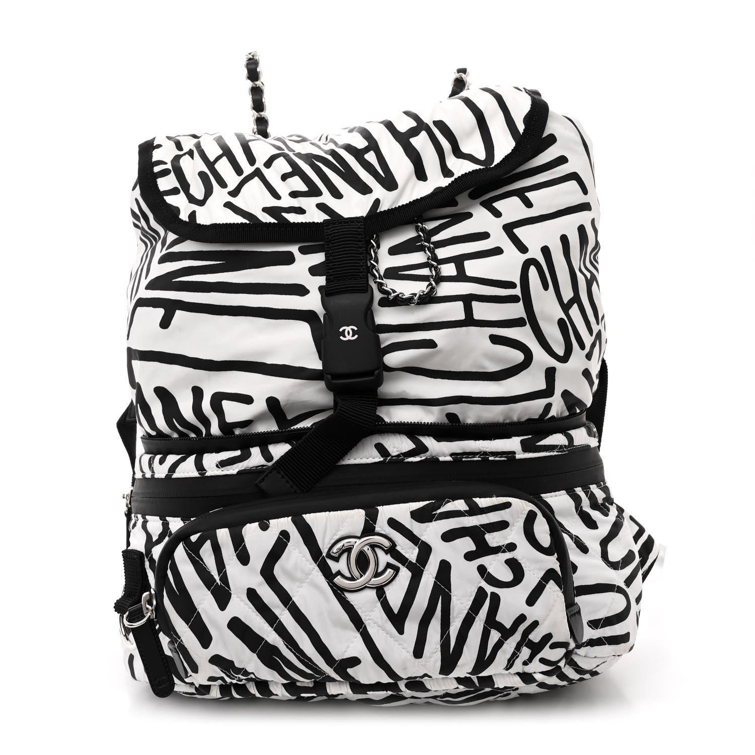Chanel Nylon Printed Quilted Coco Neige Convertible Backpack Black White 1 of 10