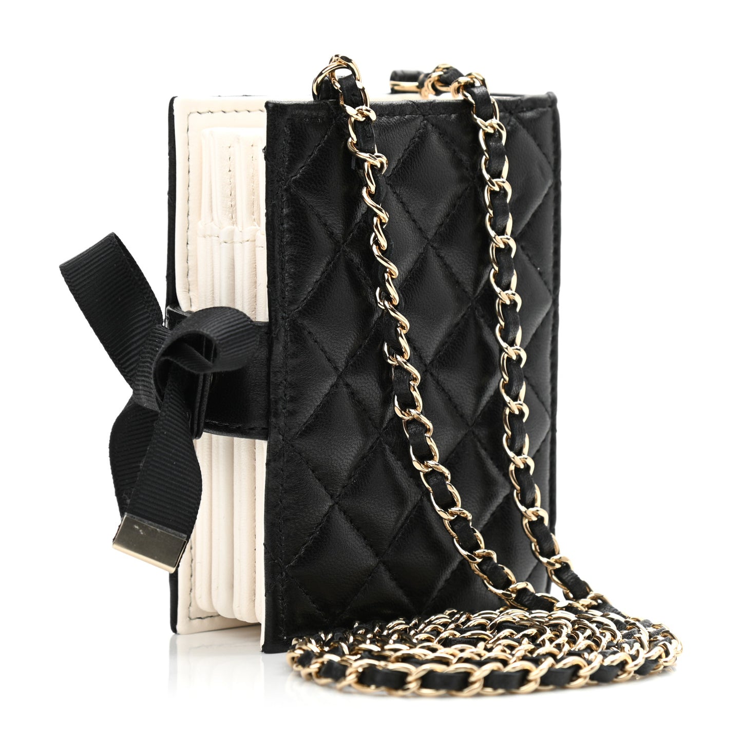 Lambskin Quilted Book Card Holder on Chain Black