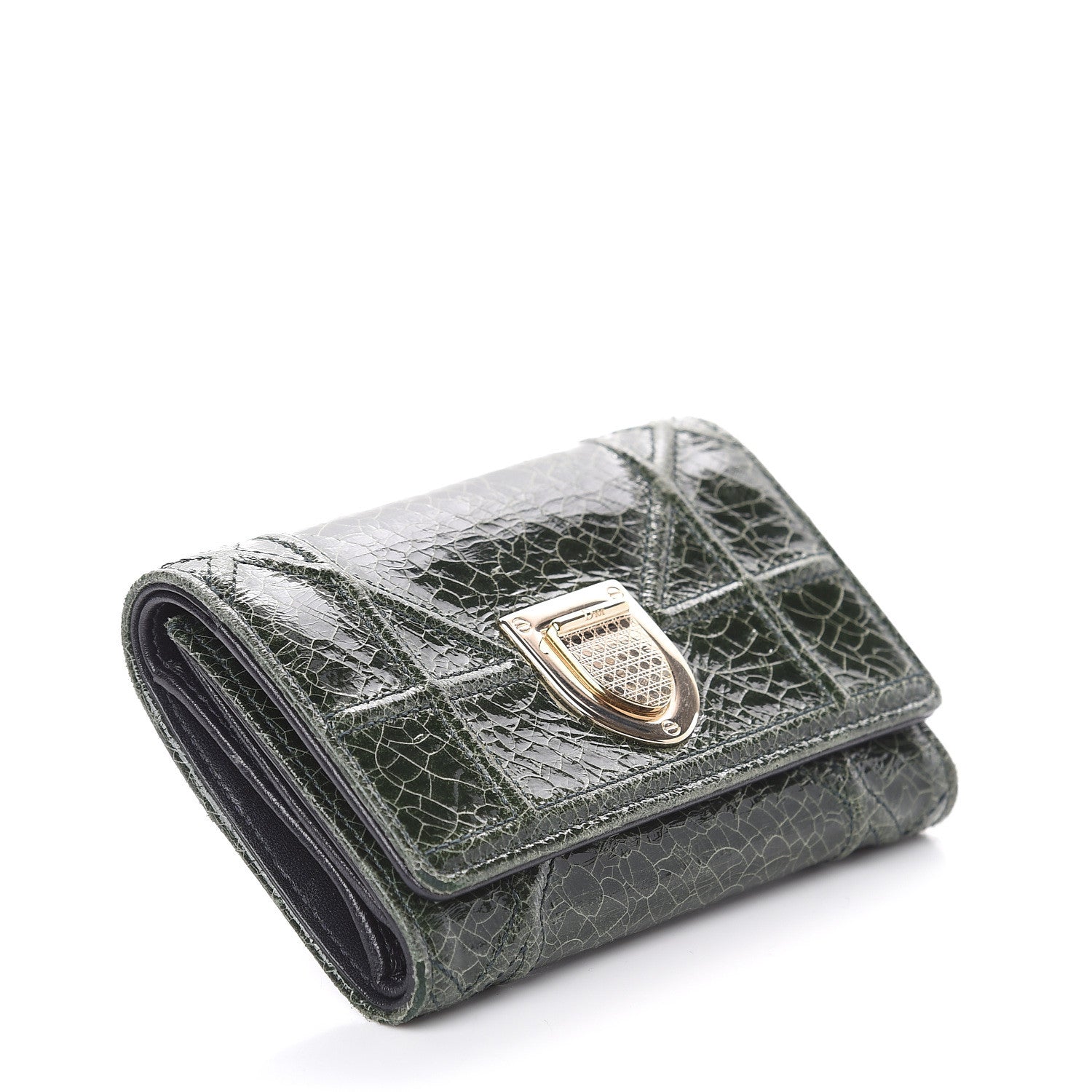 Christian Dior Metallic Ceramic Effect Deerskin Cannage Diorama Elancee Wallet Green 3 of 5