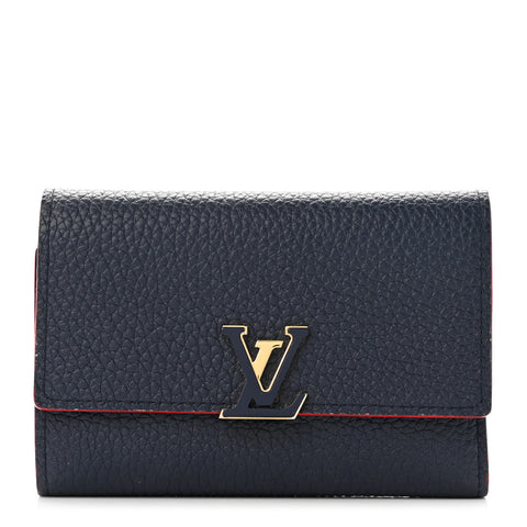 Taurillon Capucines Compact Wallet Marine Rouge