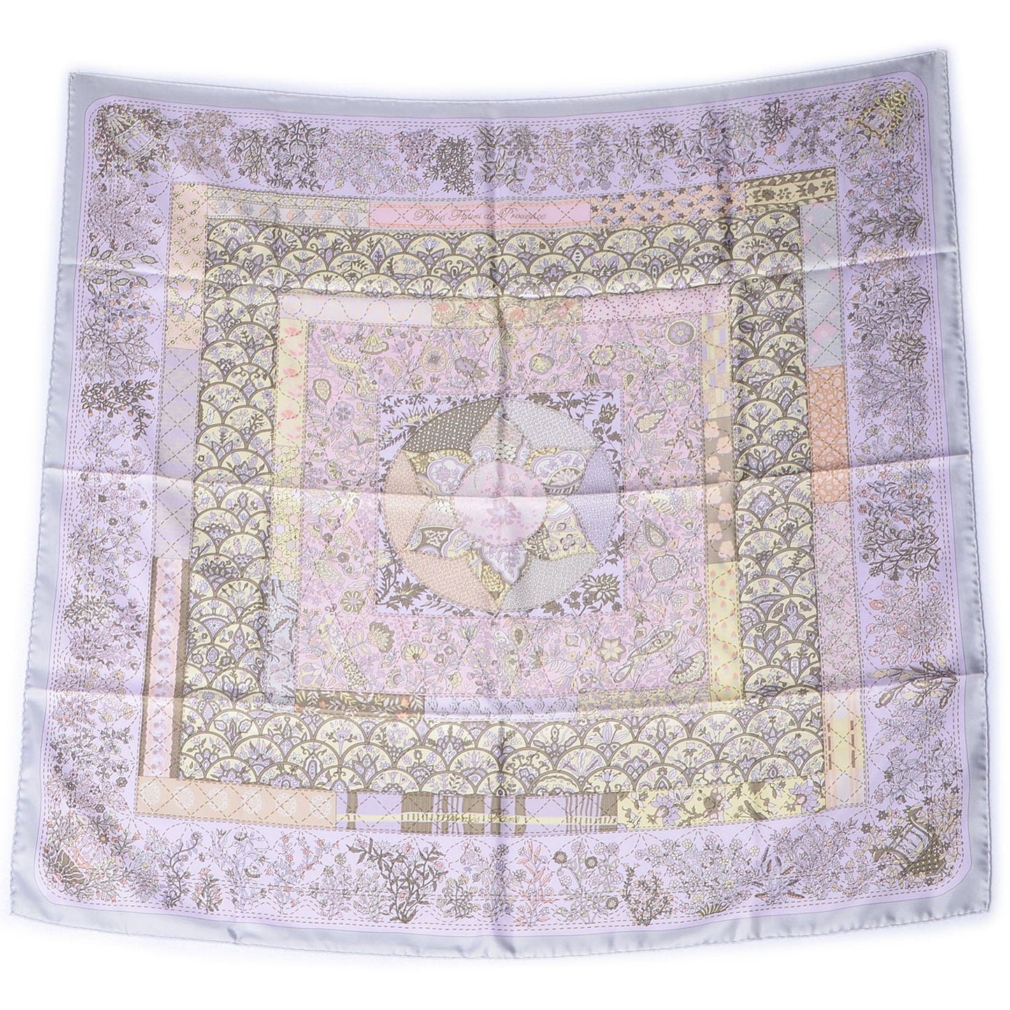 Silk Pique Fleuri de Provence Scarf 90 Gris Perle Rose Poudre