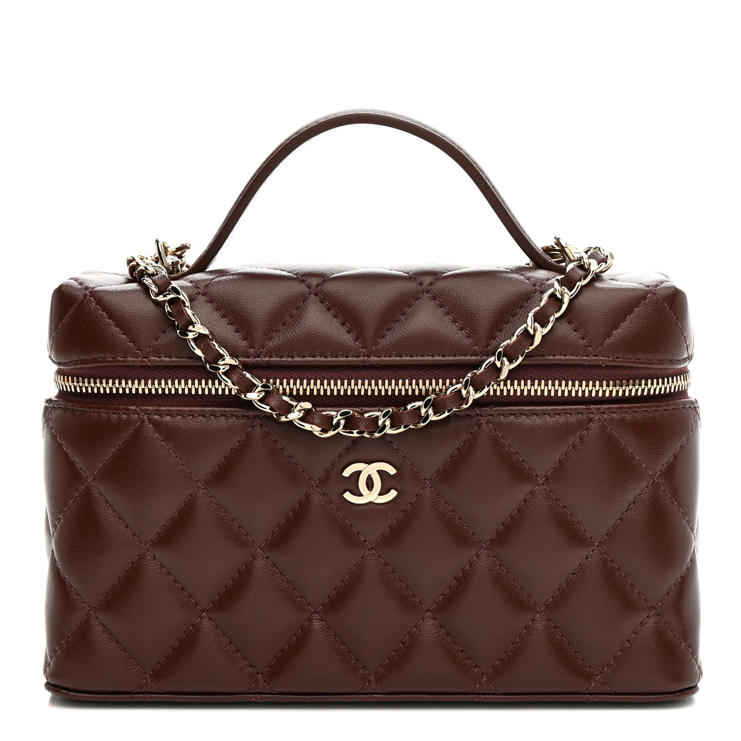 Lambskin Quilted Top Handle Slim Vanity With Chain Dark Brown