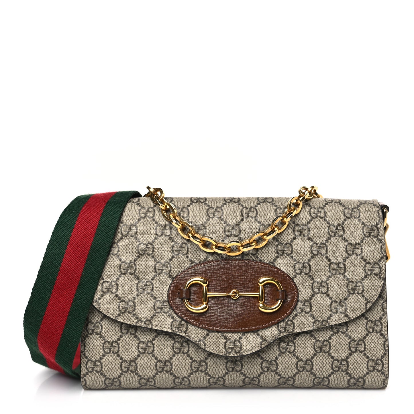GG Supreme Monogram Azalea Calfskin Web Small Horsebit 1955 Crossbody Bag Beige Ebony Brown Sugar