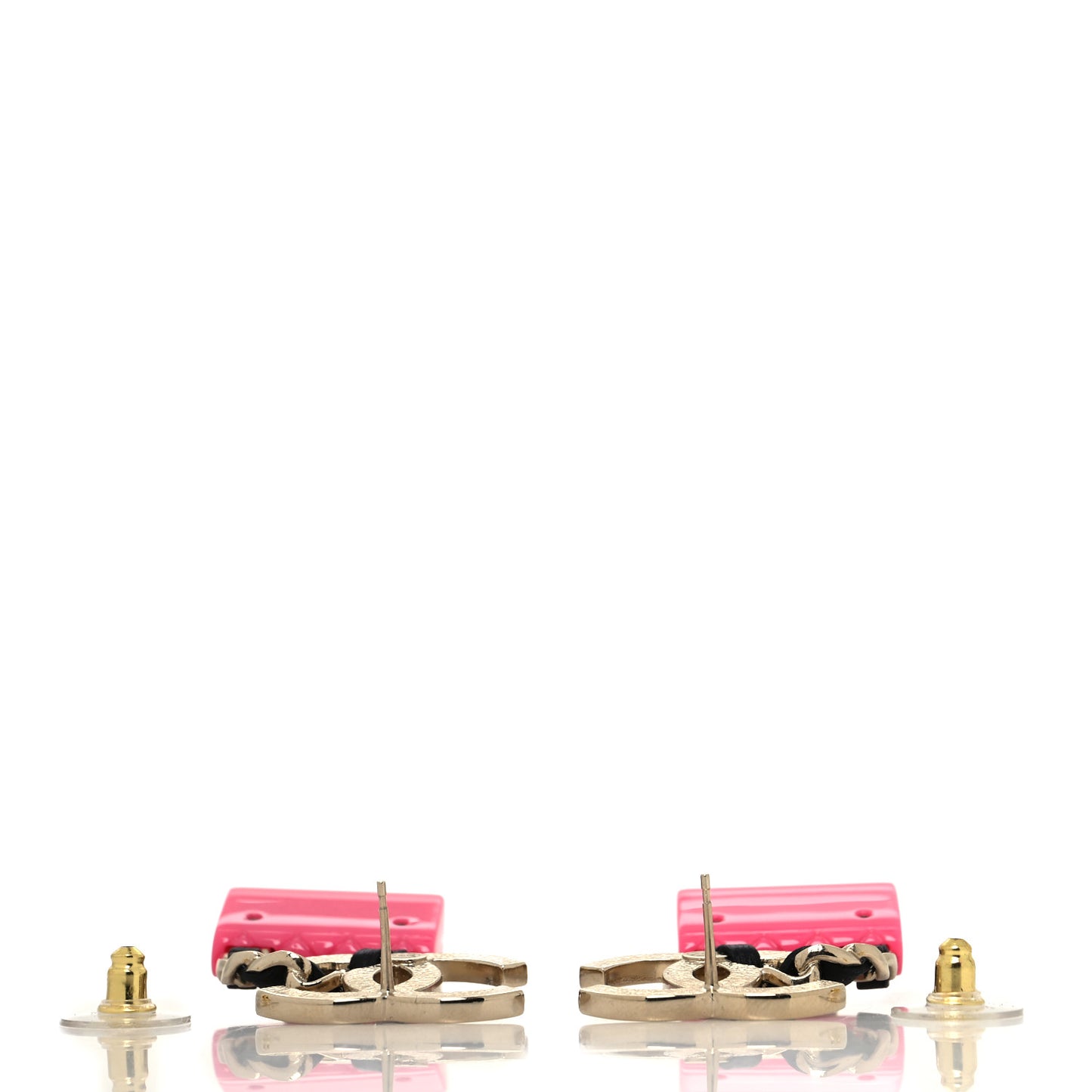 Calfskin Metal Resin CC Quilted Flap Earrings Gold Black Pink