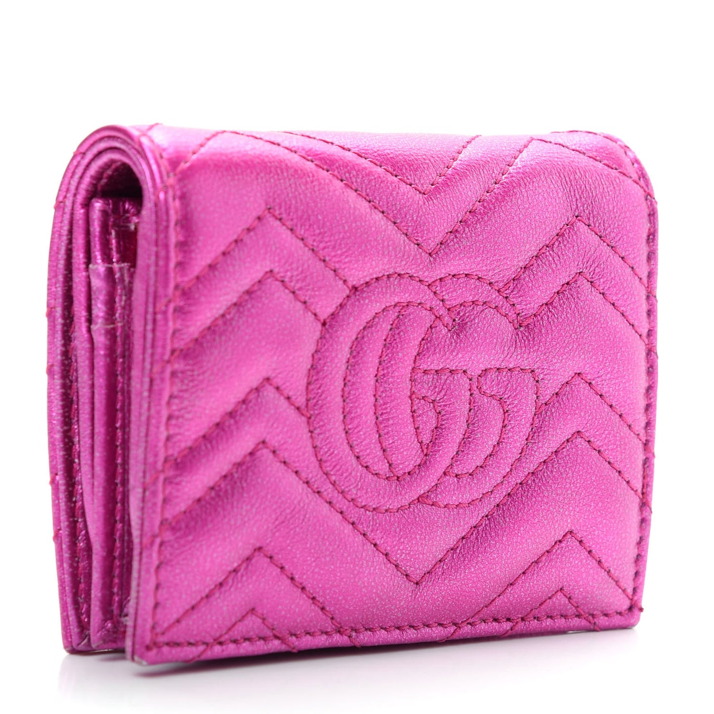 Metallic Calfskin Matelasse Crystal GG Marmont Wallet Fuchsia
