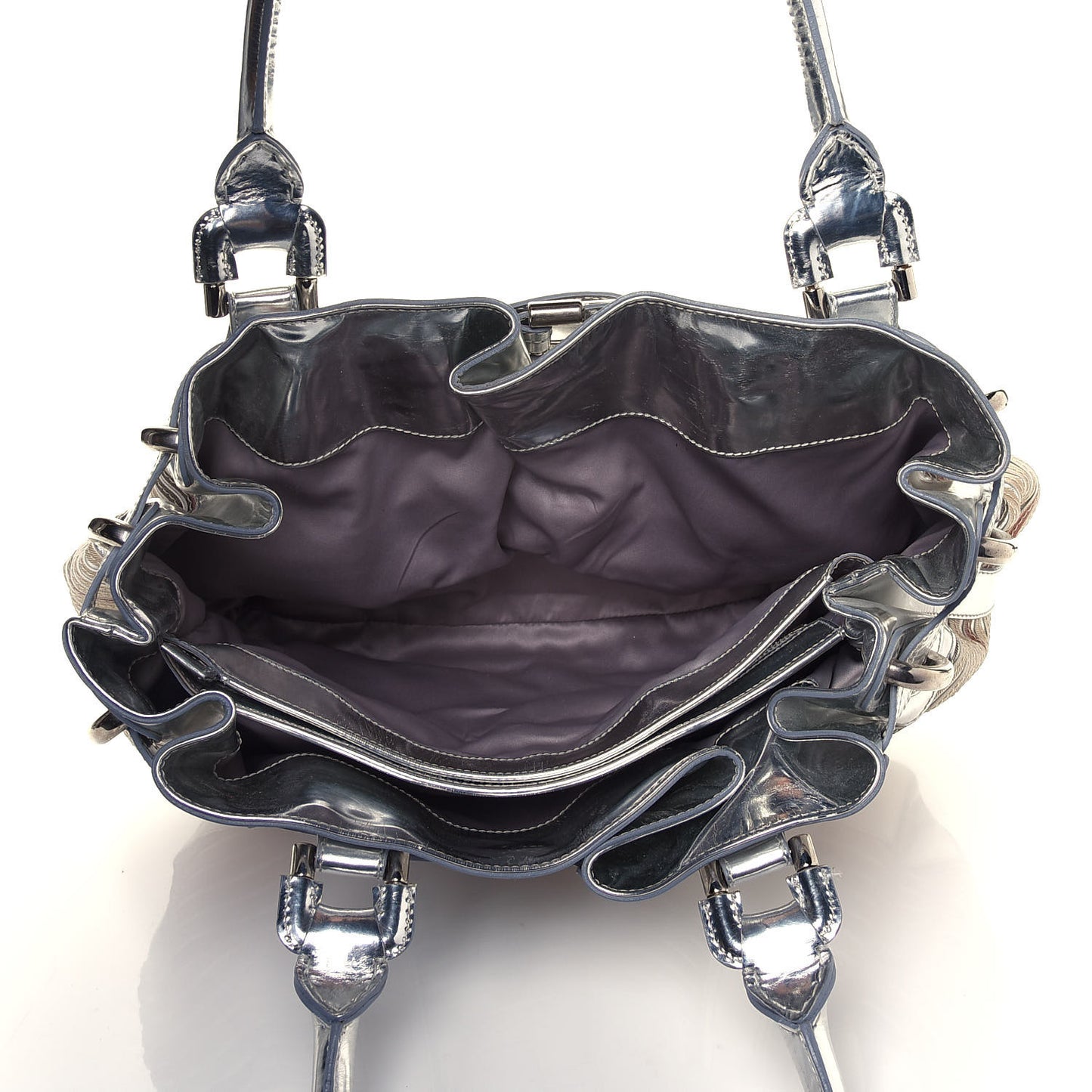 Metallic Patent House Check Sliced Beaton Tote Silver
