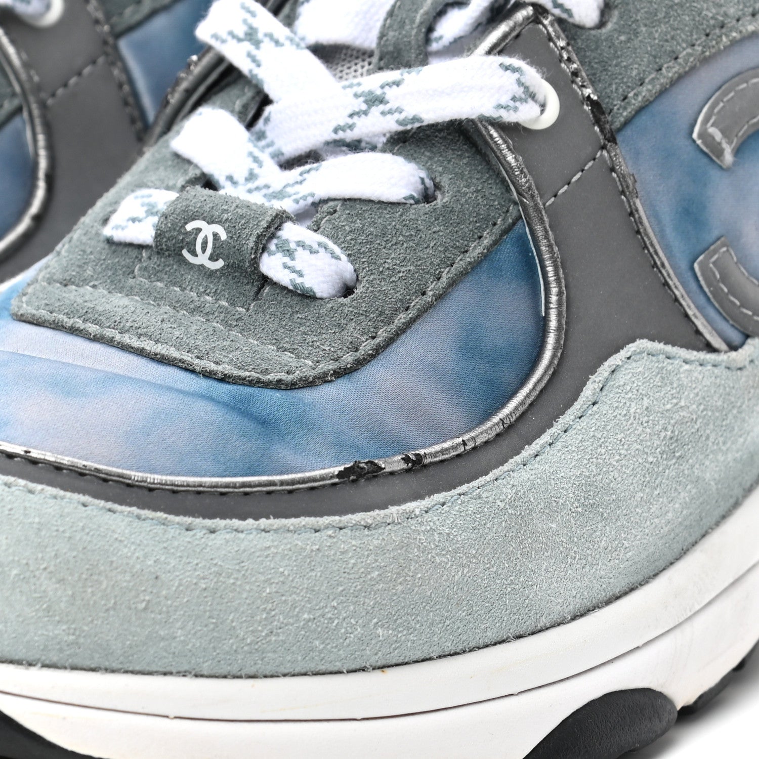 Chanel Nylon Lambskin Suede Calfskin CC Sneakers 39 Blue Grey White 13 of 13
