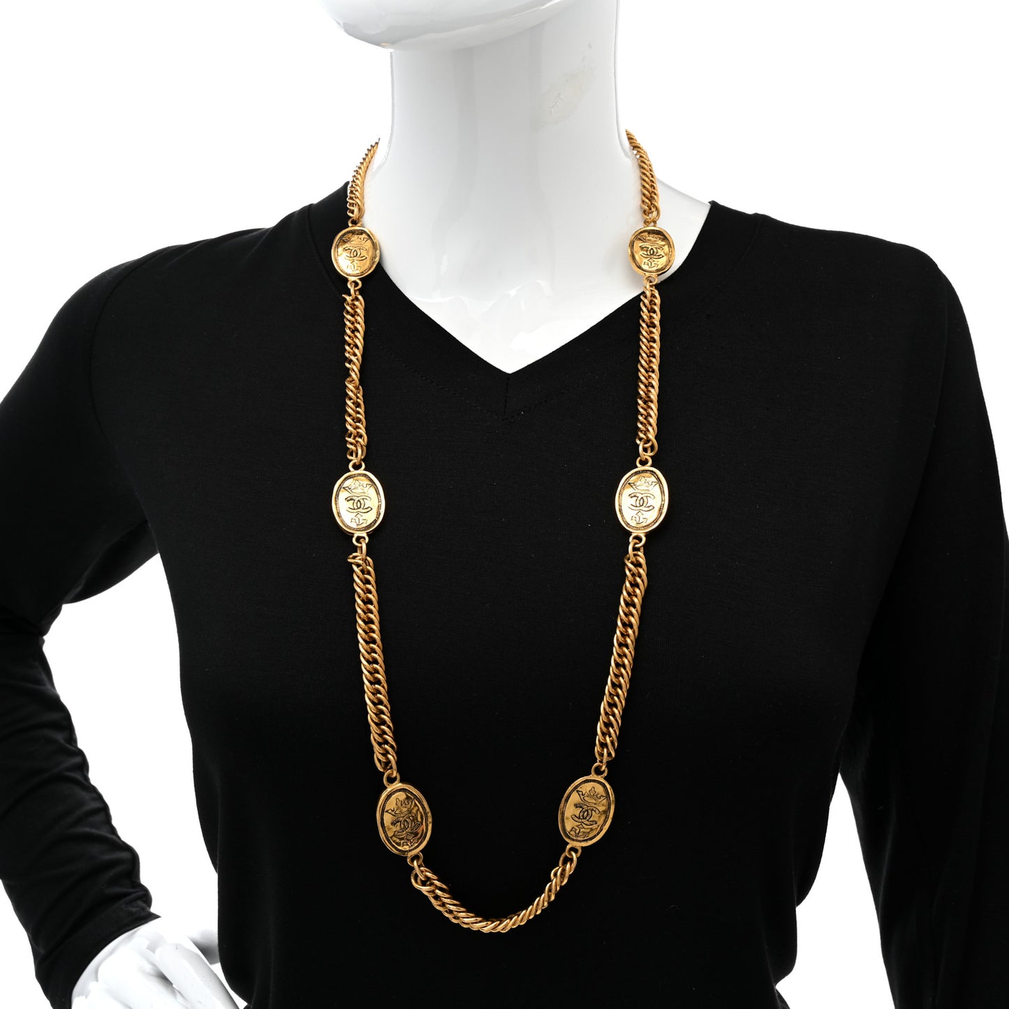 Metal CC Long Chain Station Necklace Gold