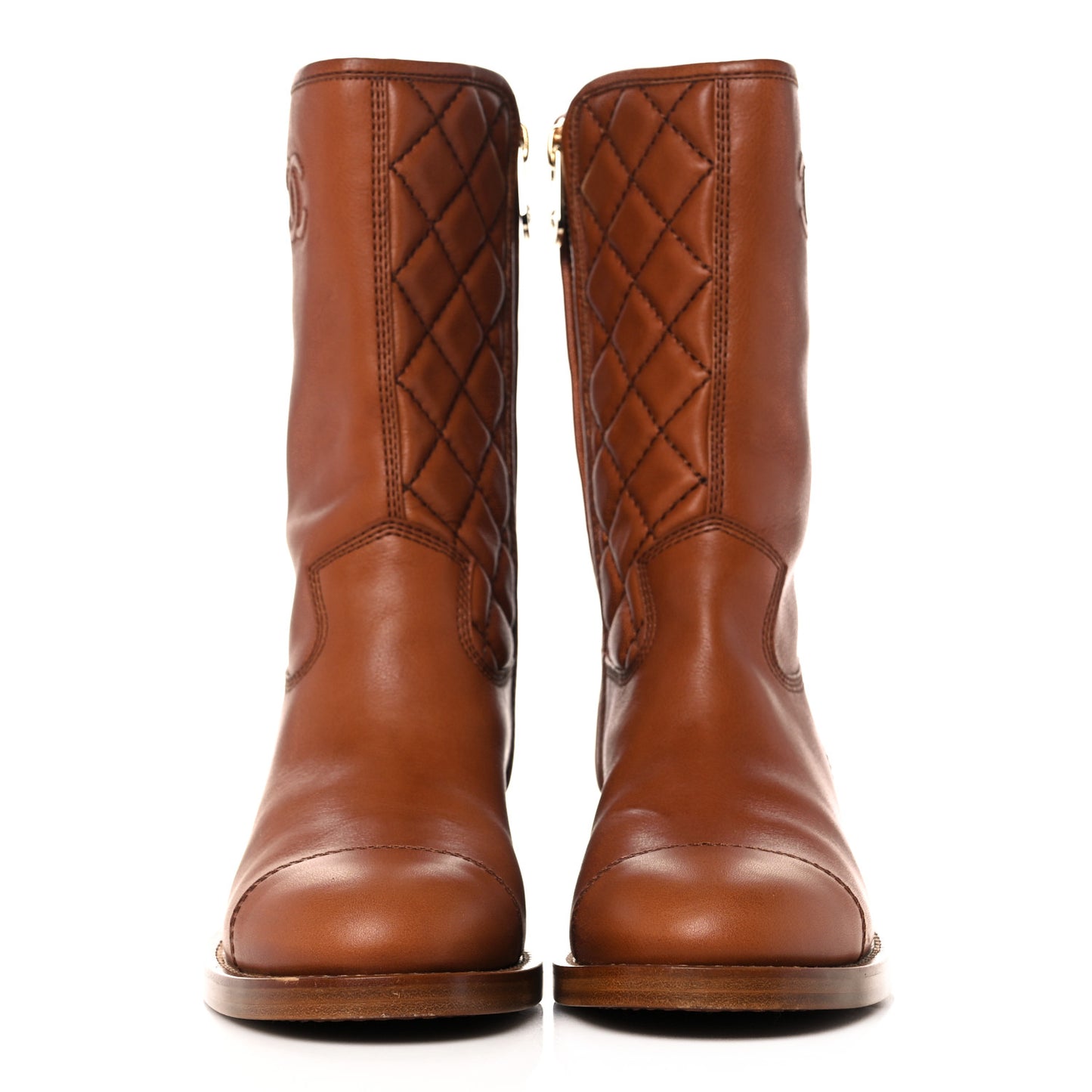 Calfskin Quilted CC Logo Mid Calf Boots 38.5 Caramel