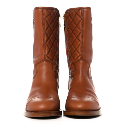 Chanel Calfskin Quilted CC Logo Mid Calf Boots 38.5 Caramel 2 of 12