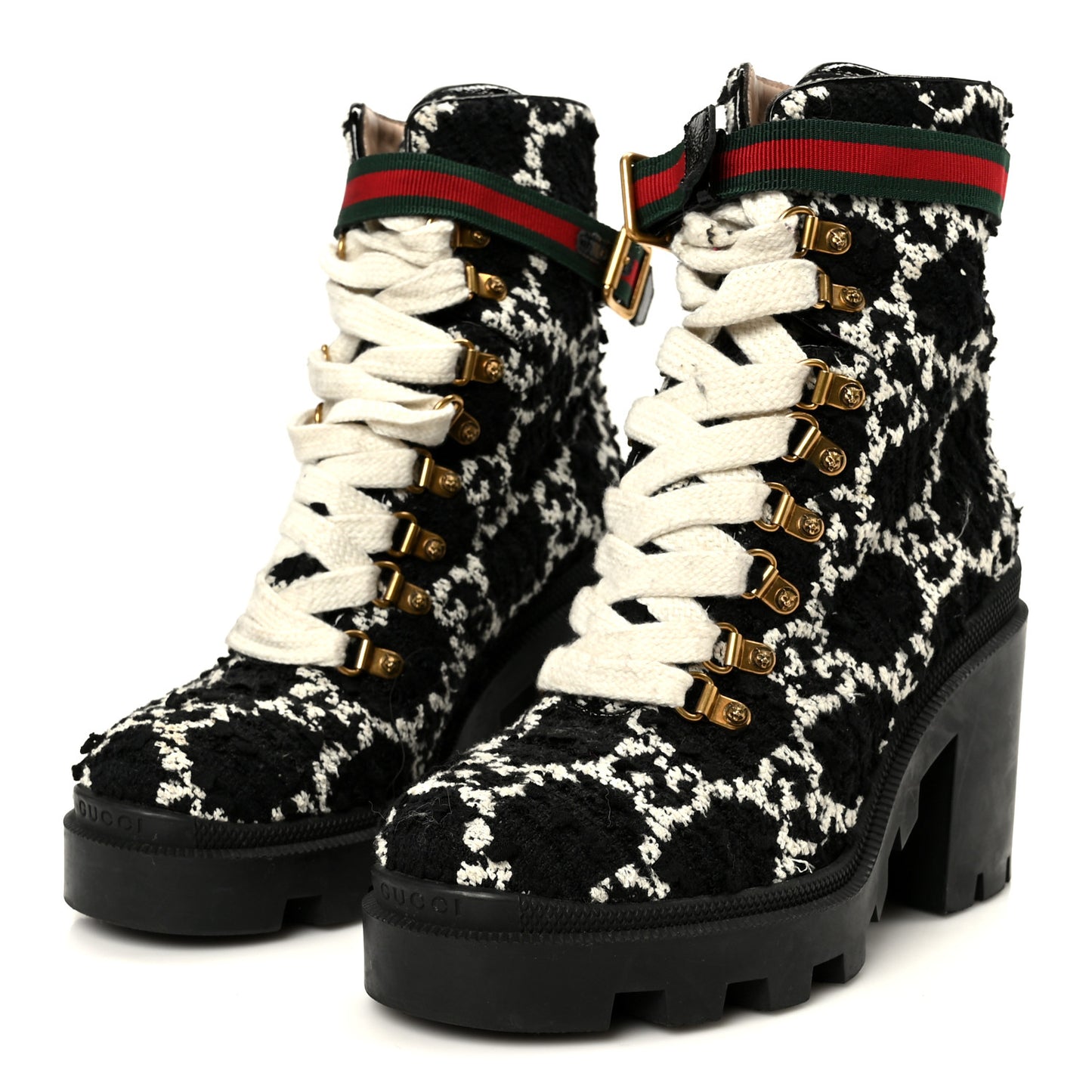Tweed GG Monogram Lace Up Combat Ankle Boots 38 Black