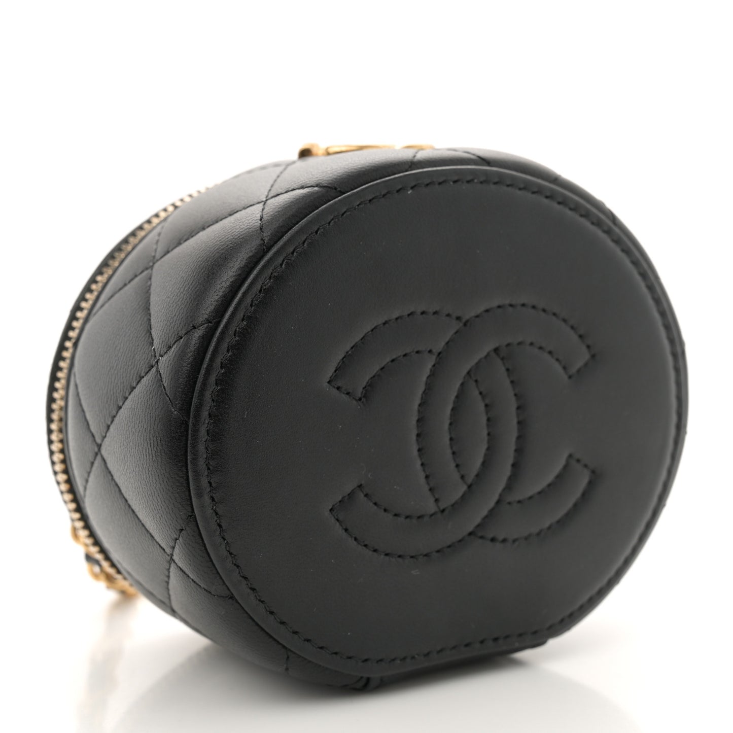 Lambskin Pearl Crystal Quilted Pearly Girl Top Handle Round Vanity Case With Chain Black
