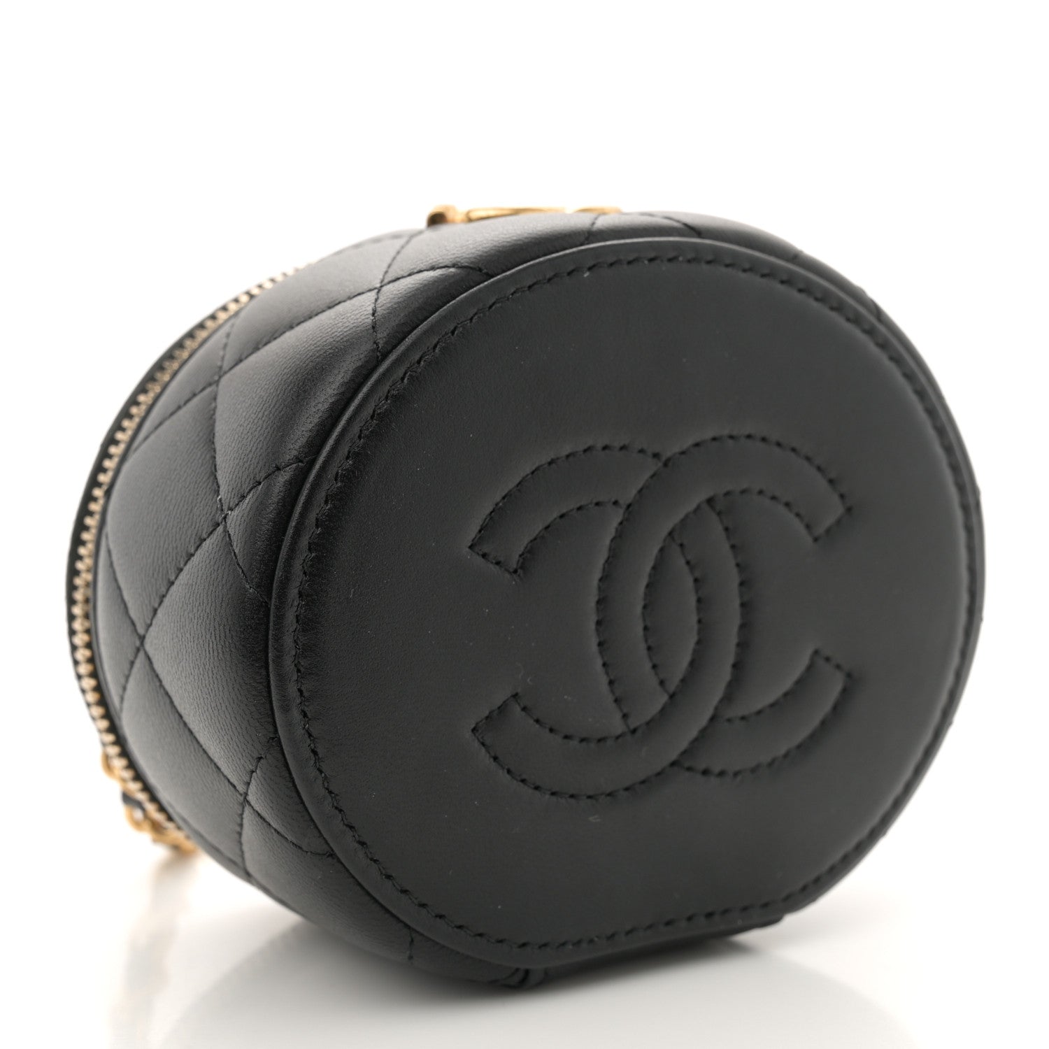 Chanel Lambskin Pearl Crystal Quilted Pearly Girl Top Handle Round Vanity Case With Chain Black 4 of 11