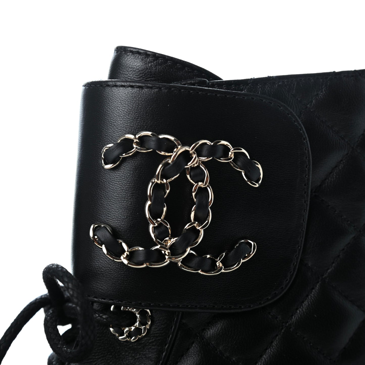 Shiny Lambskin Quilted Lace Up Combat Boots 38.5 Black