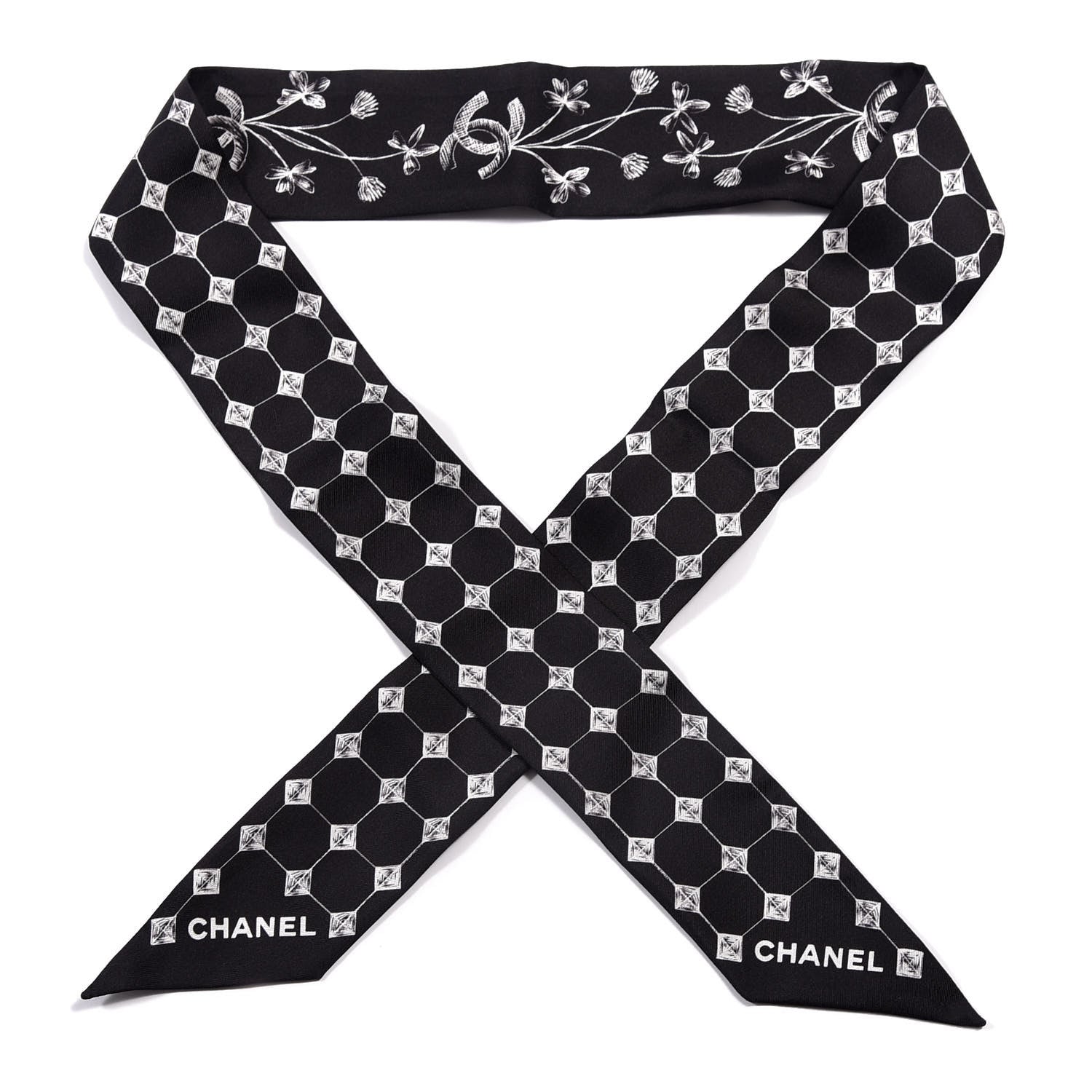 Chanel Silk CC Slim Bandeau Scarf Black White 1 of 4