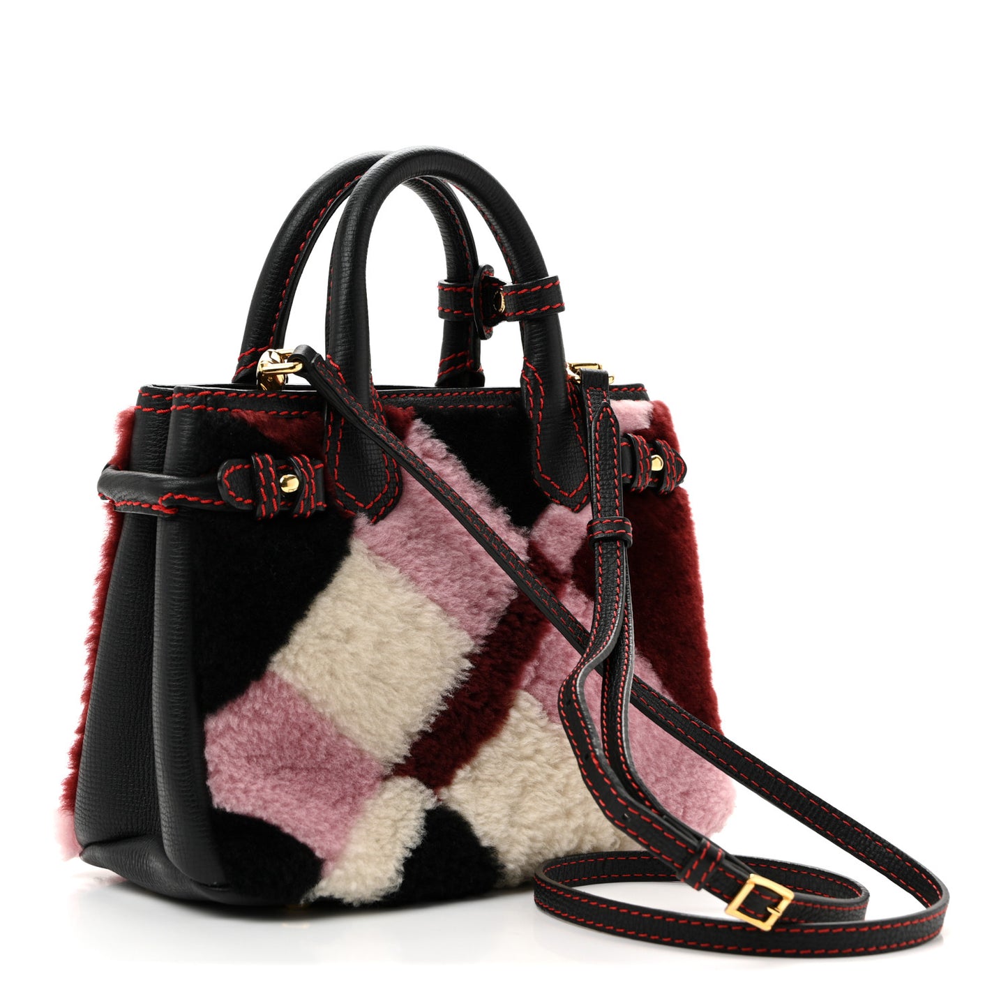 Shearling Calfskin Patchwork Small Banner Tote Black Multicolor