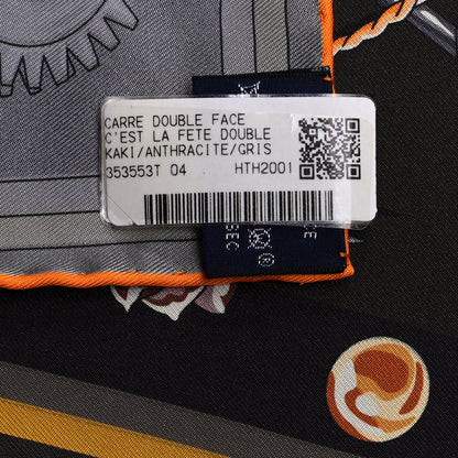 Hermes Silk C'est La Fete Scarf 90 Kaki Anthracite Gris 5 of 5