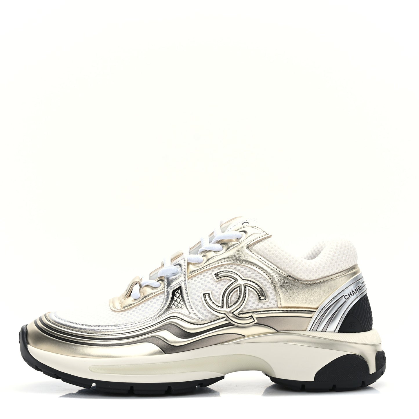 Fabric Laminated Calfskin Stretch CC Sneakers 37 White Gold Silver