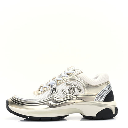 Chanel Fabric Laminated Calfskin Stretch CC Sneakers 37 White Gold Silver 1 of 7