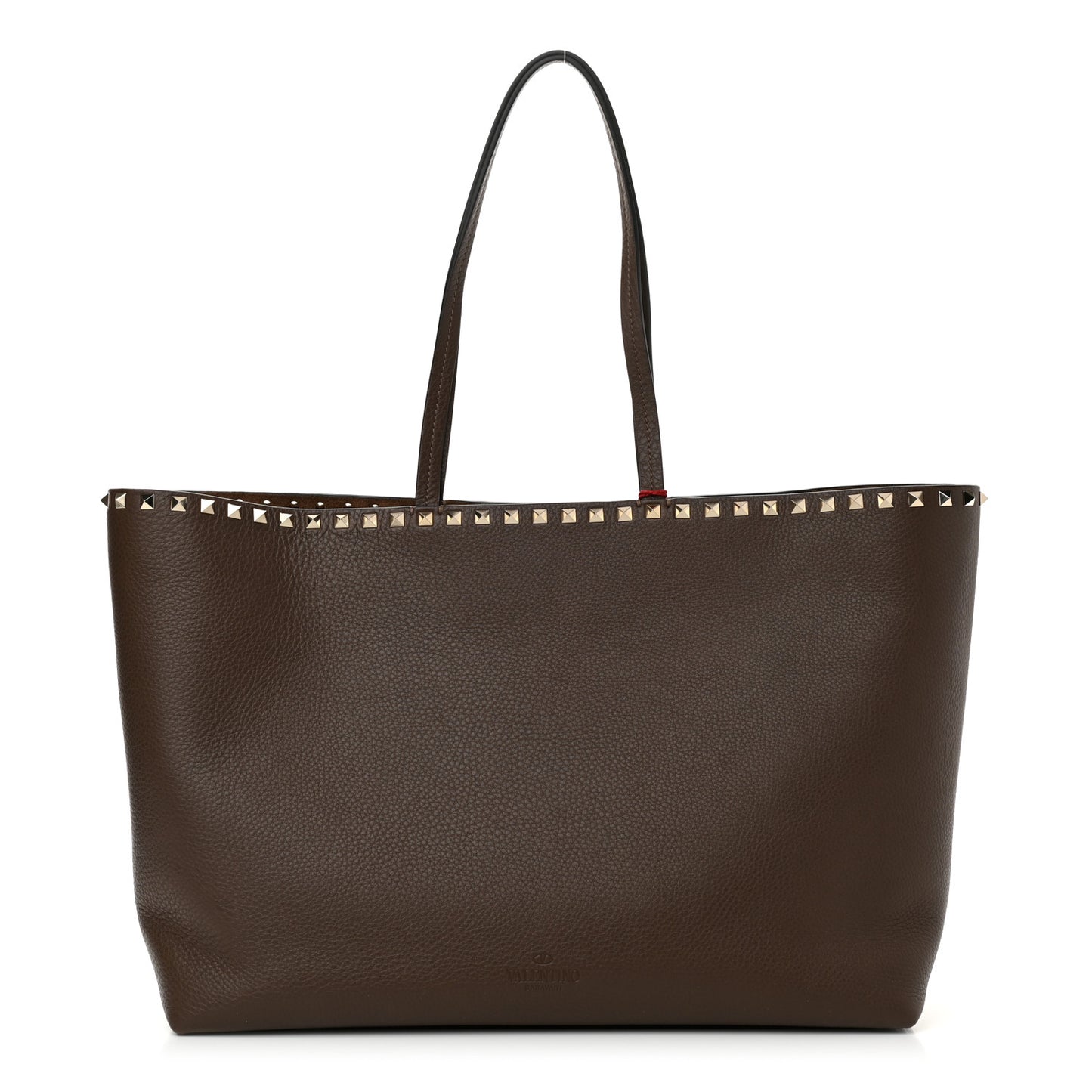 Grained Calfskin Rockstud Shoulder Tote Deep Taupe