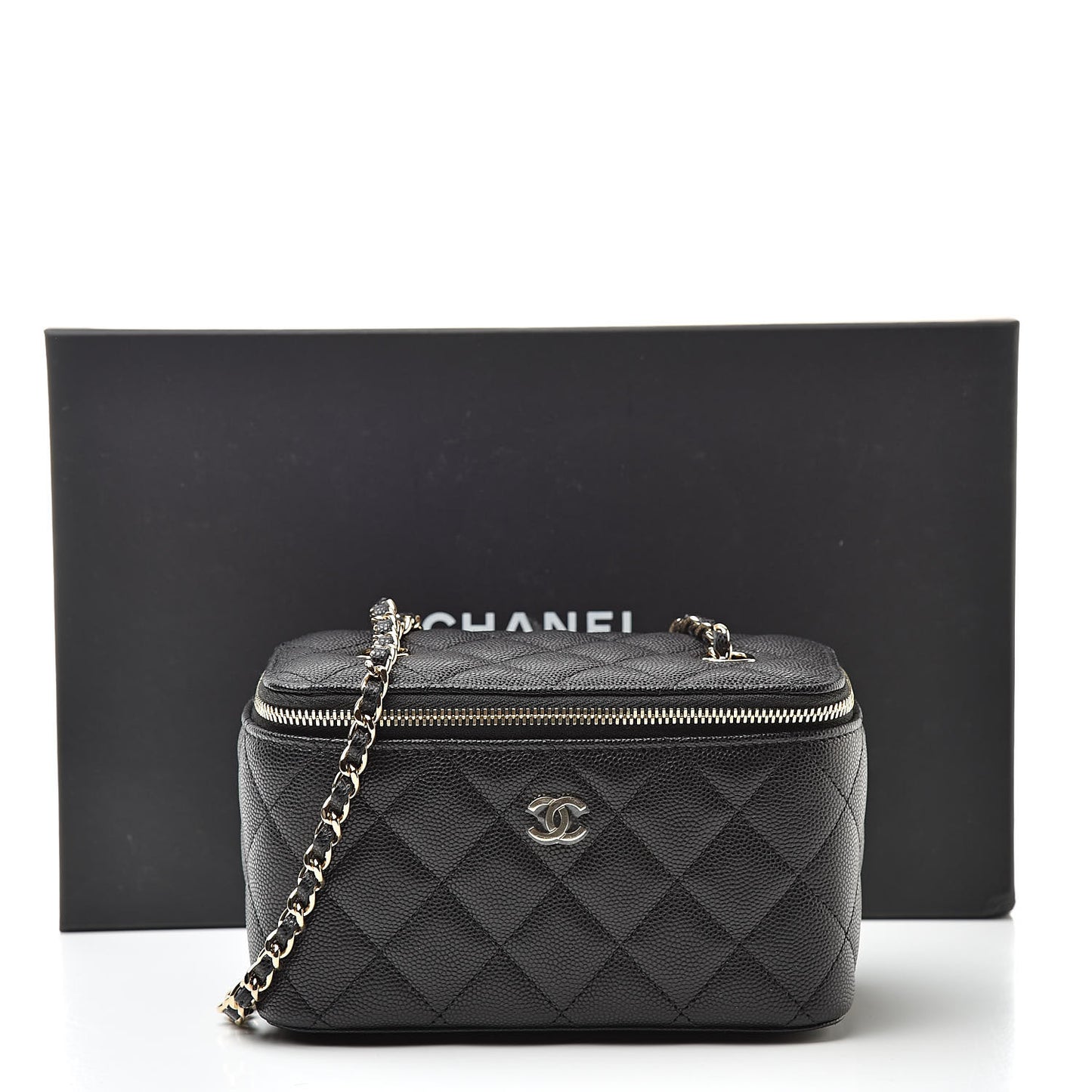 Caviar Quilted Small Vanity Case With Chain Black