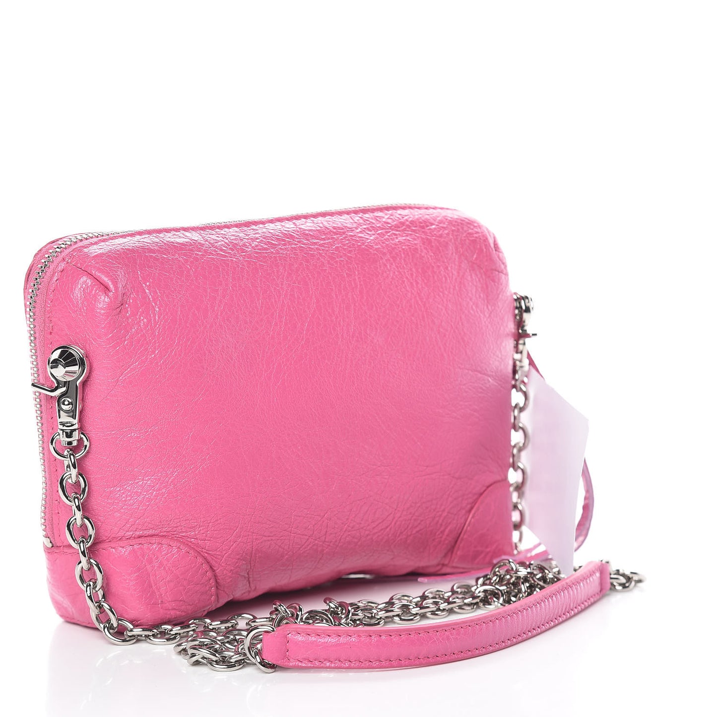 Agneau Arena Classic Silver Hardware Pouch With A Chain Crossbody Rose Flamingo