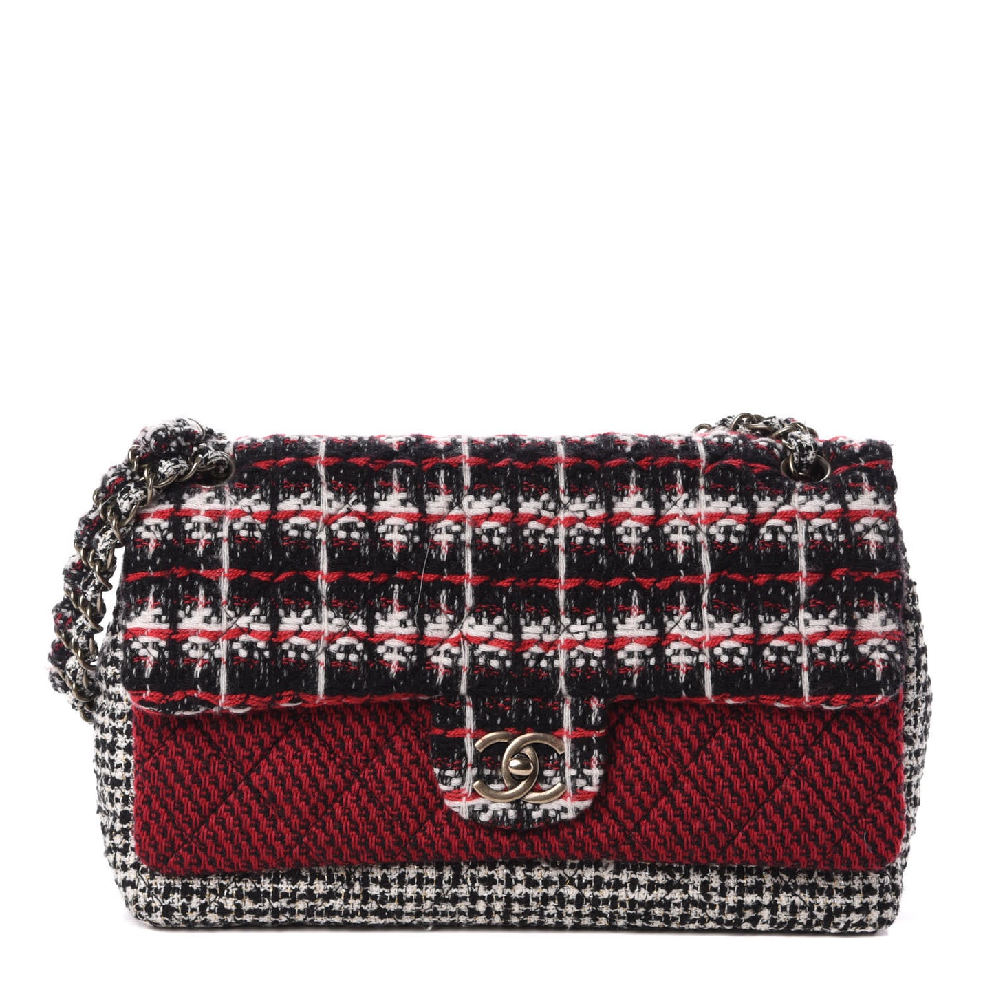 Tweed Quilted Medium Single Flap Red Black White