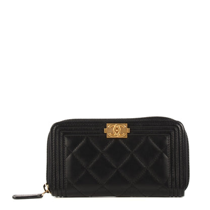 Chanel Lambskin Quilted Small Boy Zip Around Wallet Black 1 of 8