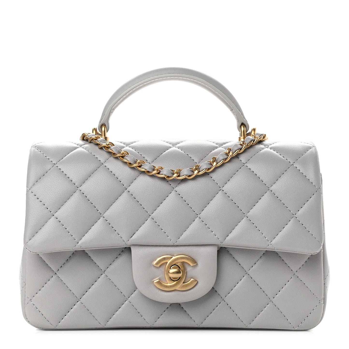 Lambskin Quilted Mini Top Handle Rectangular Flap Grey