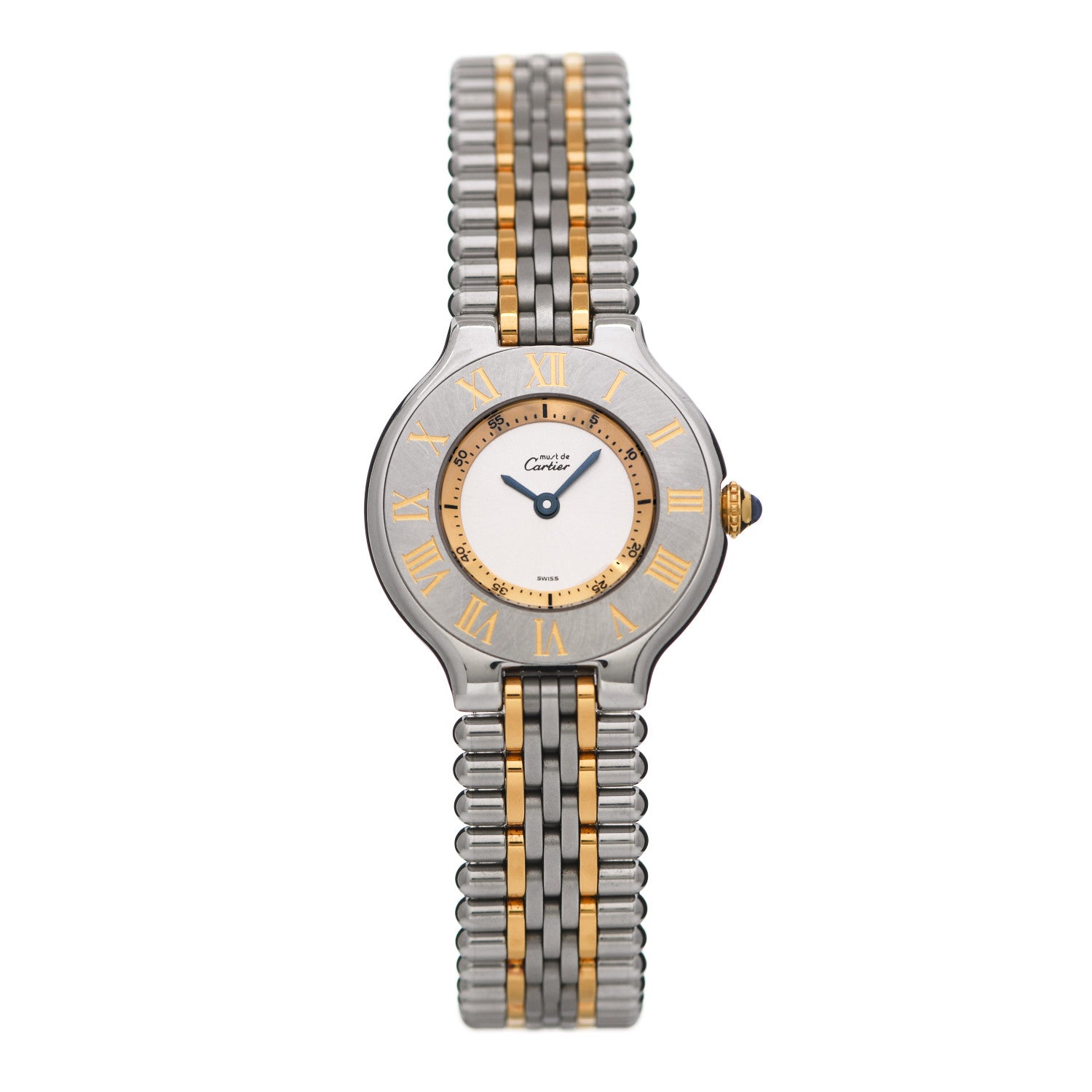 Cartier Stainless Steel 18K Yellow Gold 28mm Must De 21 Bullet Link Quartz Watch 1 of 3