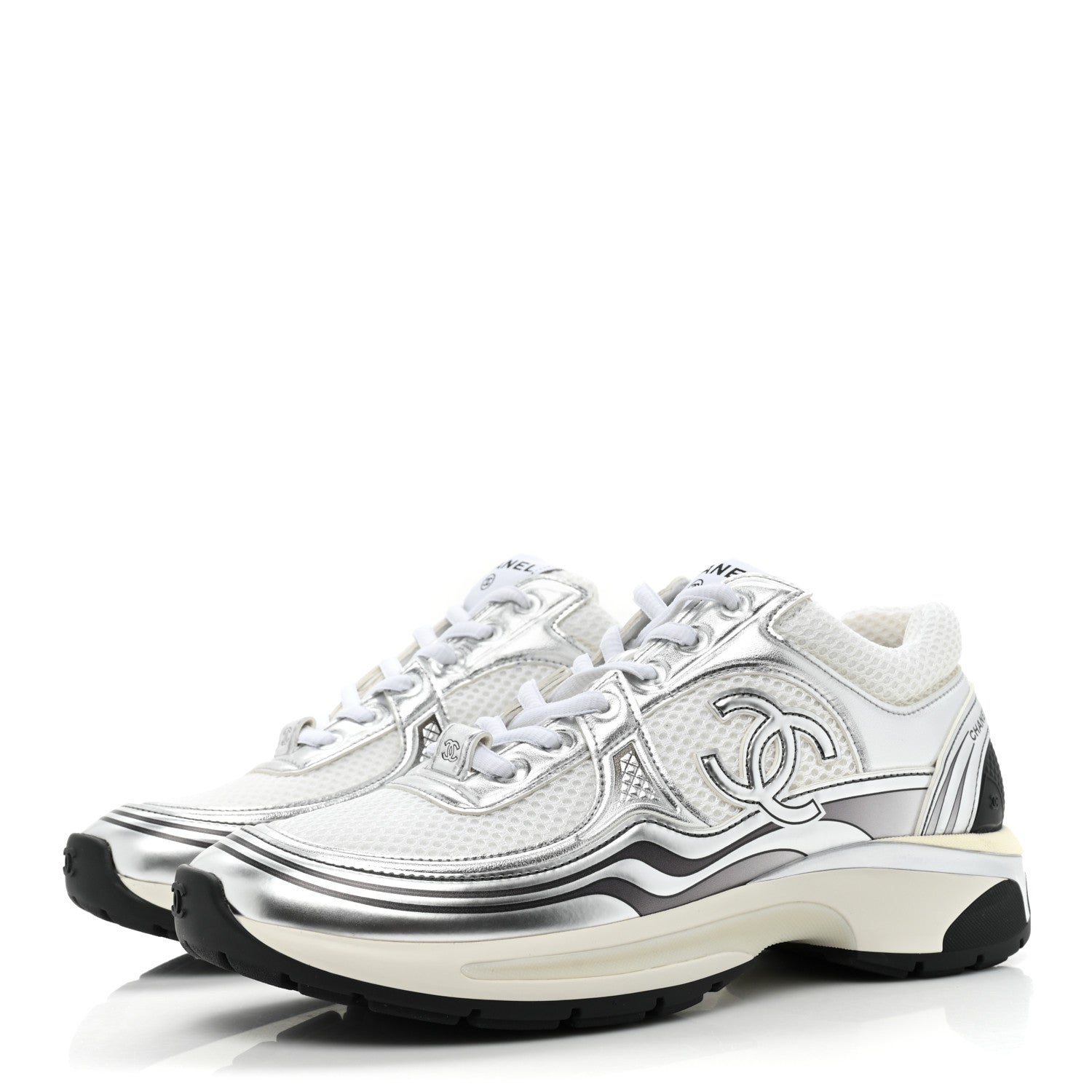 Chanel Fabric Laminated Calfskin Stretch CC Womens Sneakers 38 White Silver 3 of 10