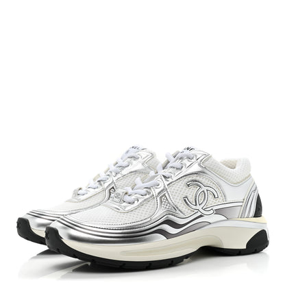 Chanel Fabric Laminated Calfskin Stretch CC Womens Sneakers 38 White Silver 3 of 10