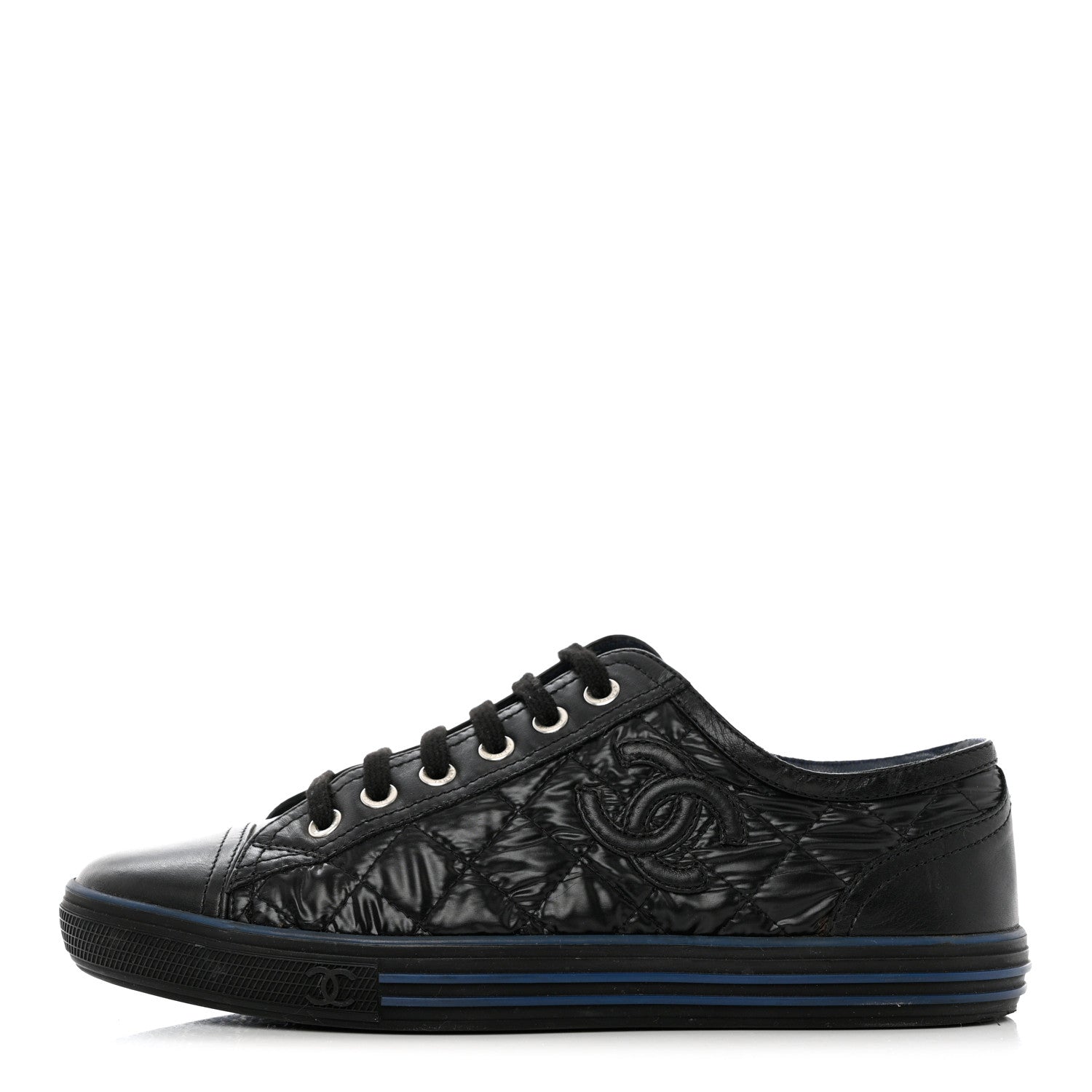 Chanel Nylon Calfskin Quilted CC Sneakers 37 Black Blue 1 of 11