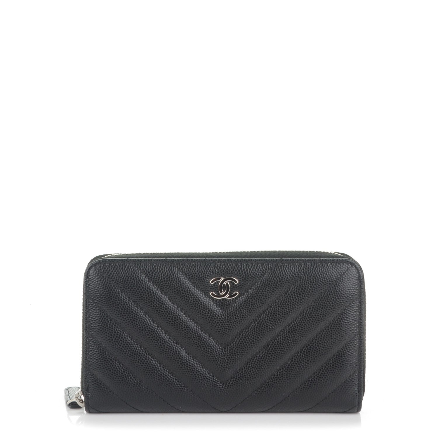 Chanel Caviar Chevron Quilted Small Zip Around Wallet Black 1 of 8