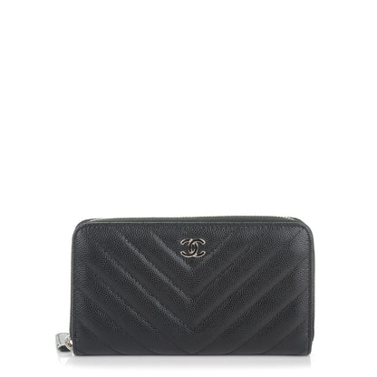 Chanel Caviar Chevron Quilted Small Zip Around Wallet Black 1 of 8