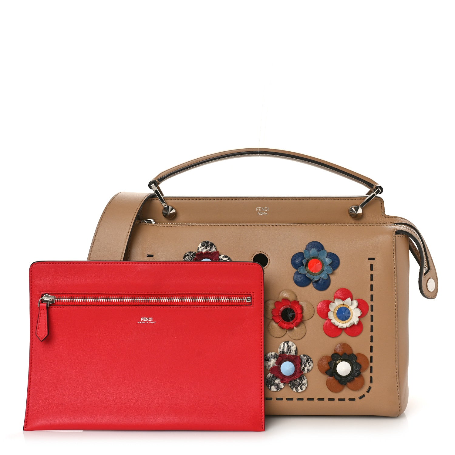 Fendi Calfskin Flowerland Studded Dotcom Satchel Cuoio Multicolor 1 of 10