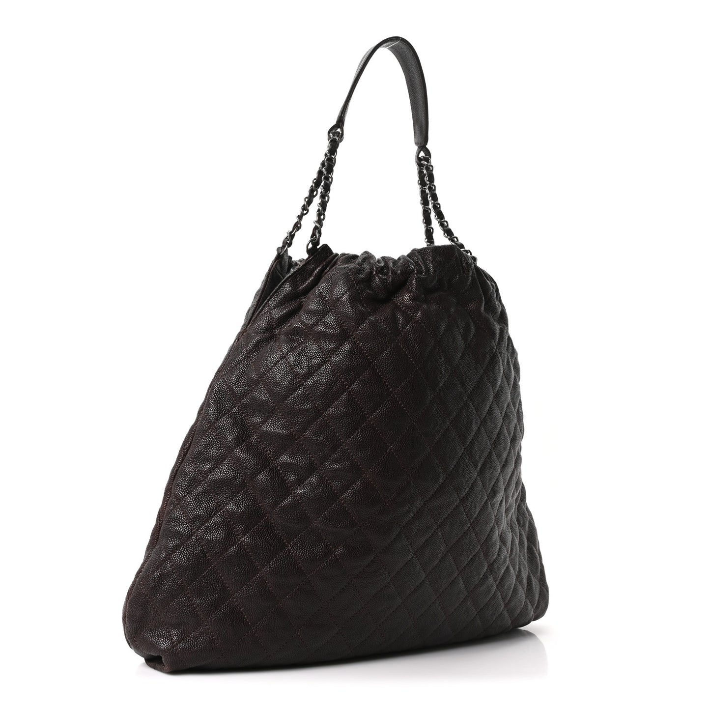 Distressed Glazed Caviar Quilted Large Elastic Tote Dark Brown