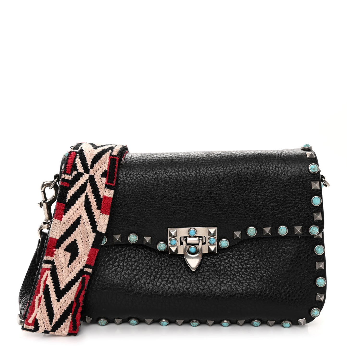 Pebbled Calfskin Turquoise Medium Guitar Strap Rockstud Rolling Flap Saddle Bag Black